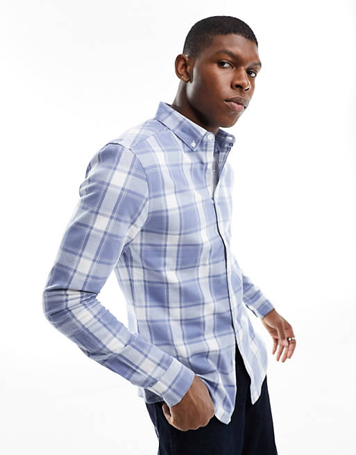 Homme Chemises | DESIGN - Chemise stretch ajustée à carreaux - Bleu - PDU7917