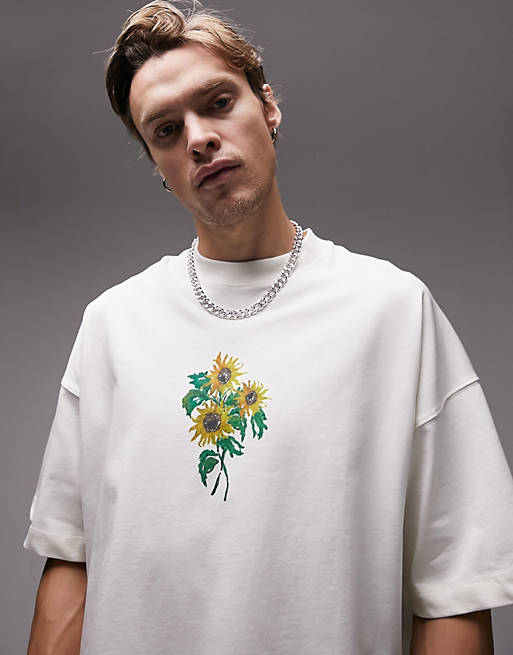 Homme T-shirts & débardeurs | Topman Premium - T-shirt ultra oversize avec imprimé tournesols style peints - Écru - TIF0118